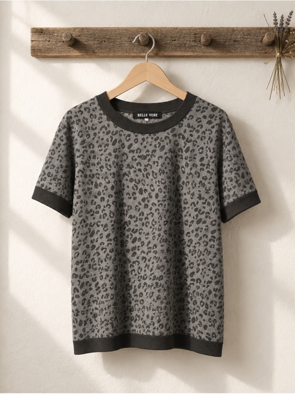 Belle Vere Gray Leopard-Print Short Sleeve Knit Top